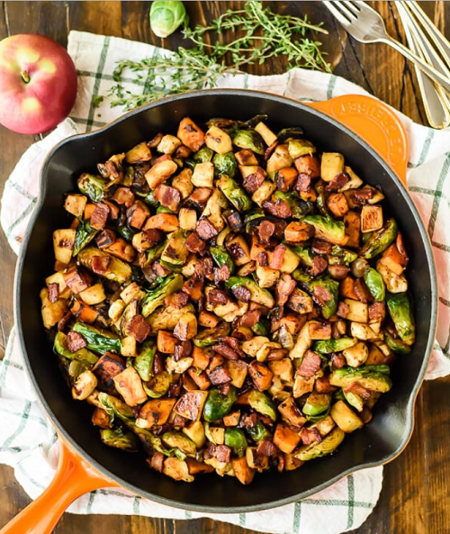 Harvest Chicken Skillet with Sweet Potatoes Brussels Sprouts and Sautéed Apples