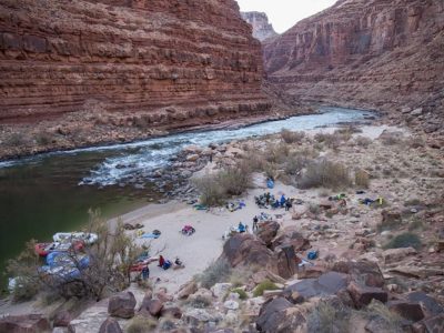 View of rafts lineup by the canyon