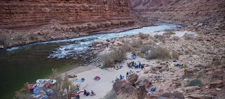 View of rafts lineup by the canyon
