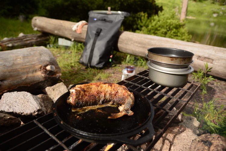 Frying Trout on the grill with an Animas backpack in the background 