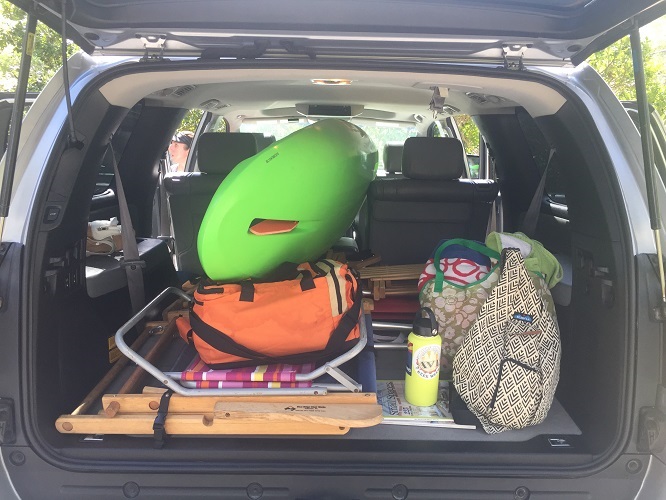 The Bellyak in a car with an Ocoee Watershed Drybag