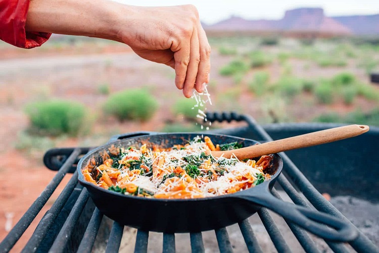 One pot protein pasta cooking outdoors 